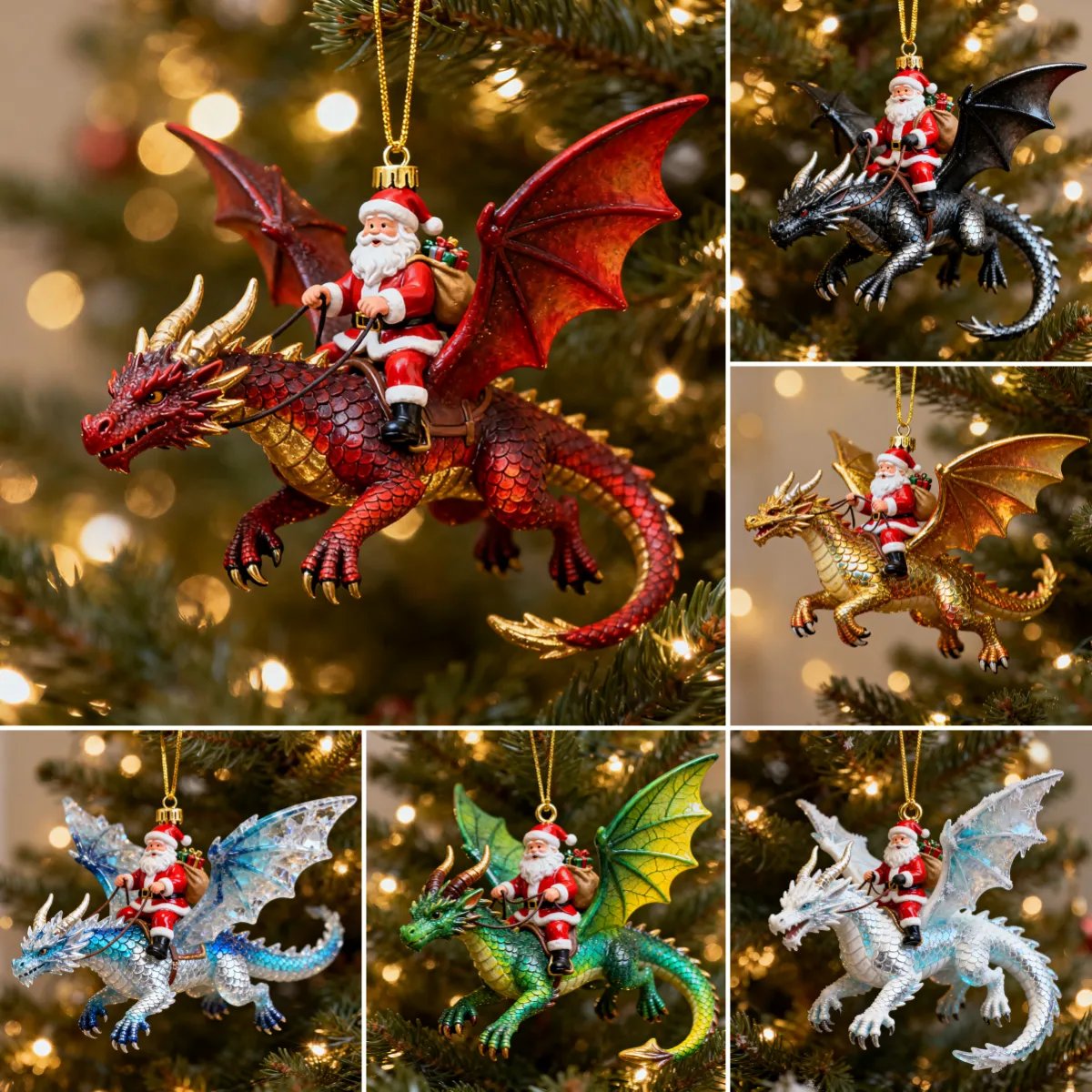 🎄🐉 Santa’s Dragon Riders Ornaments – Holiday Magic ✨